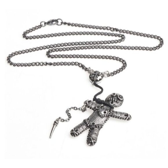 Voodoo Doll Pendant – Alchemy Gothic Pewter Charm w/ Button Eyes & Stitch Detail - Picture 5 of 6